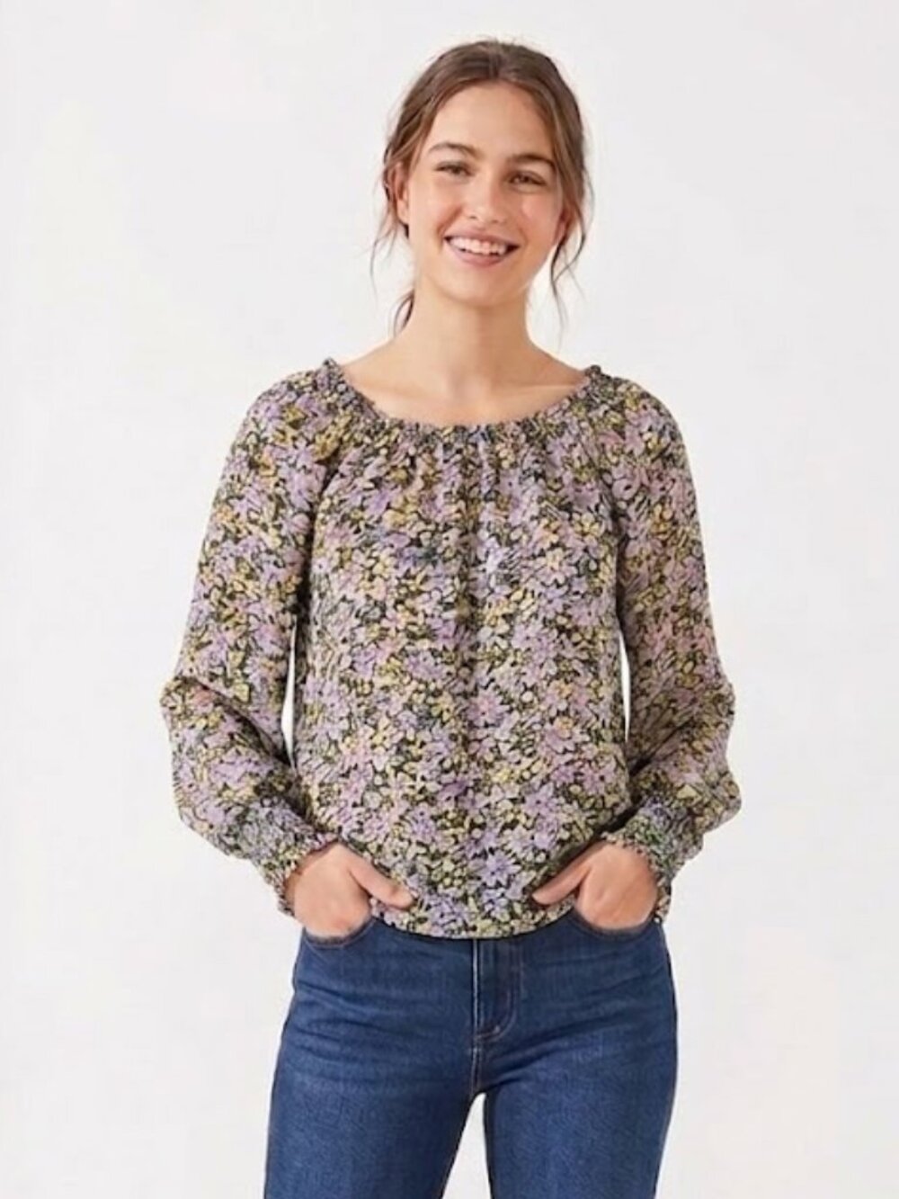 Sanctuary Floral Pullover Sheer Sleeves Top Smocked Cuffs NWT